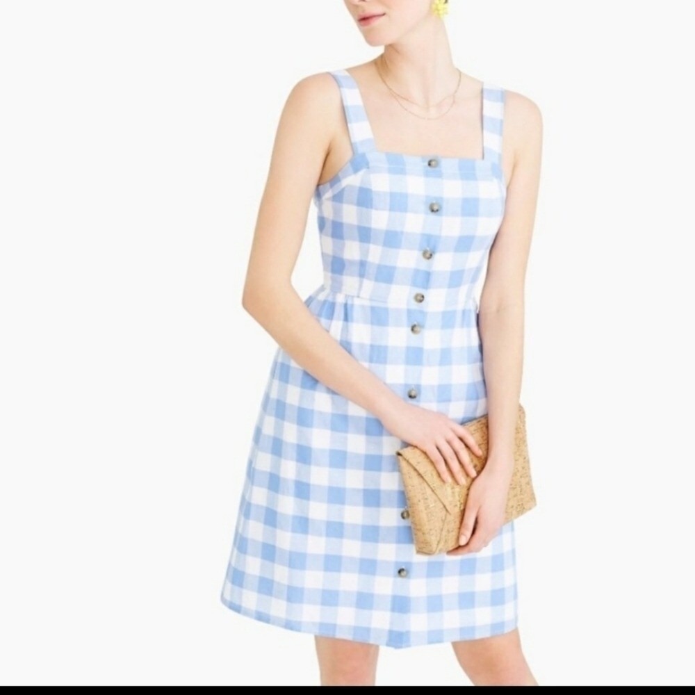 J.Crew Blue White Gingham Linen Cotton Button Front Dress Pockets 6